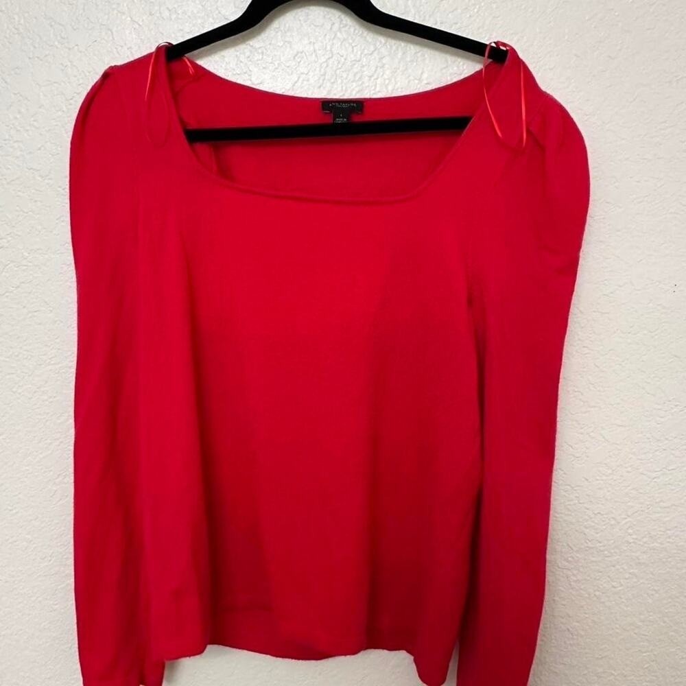Ann Taylor Factory Sweater Womens Large Red Excellent Puff Sleeve Square Neck - Picture 2 of 5